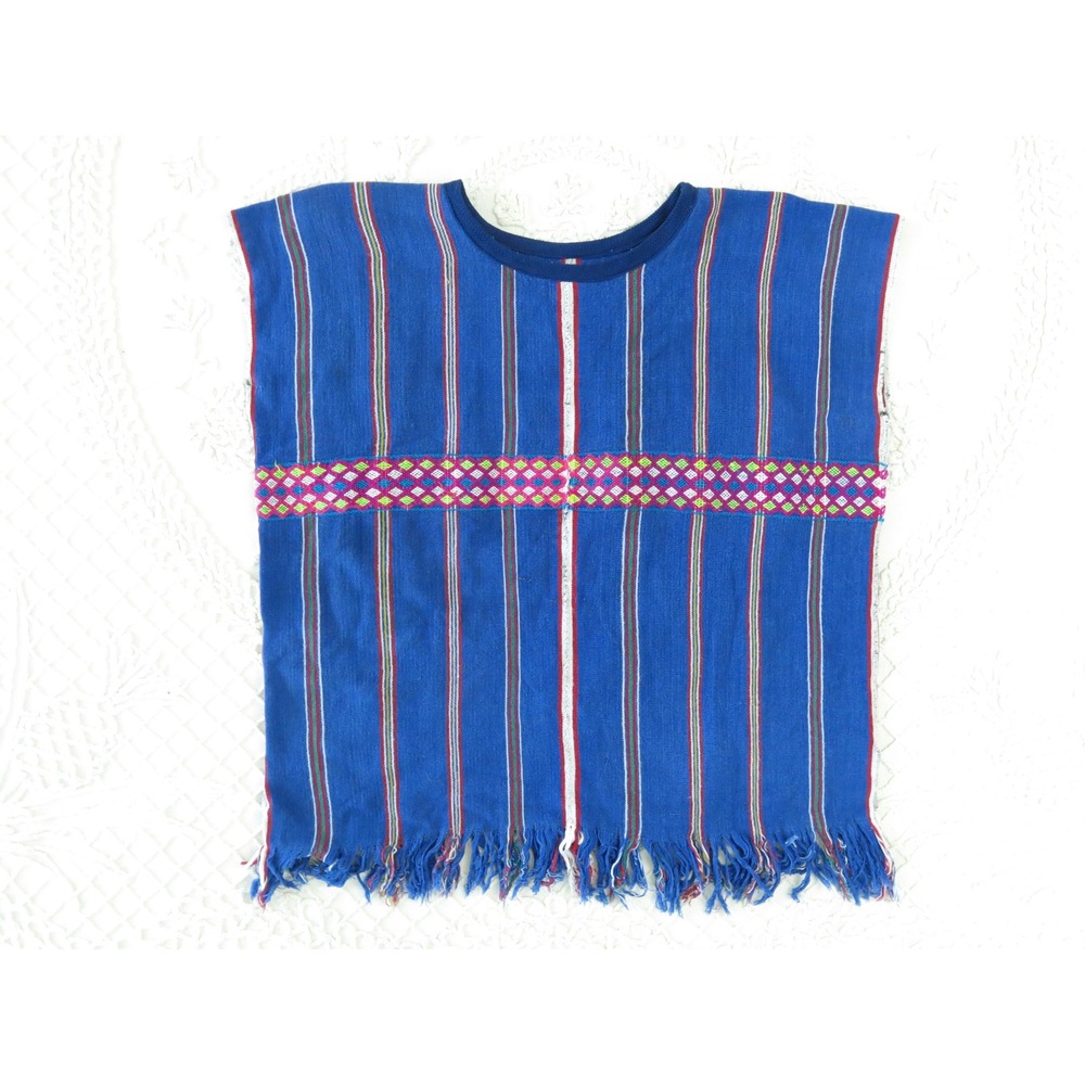 Vintage Handwoven Huipil Mexico Poncho Top Blue Striped Geometric Handmade